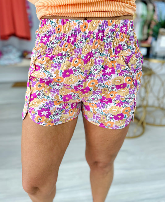 Pink Retro Floral High Waisted Athletic Shorts