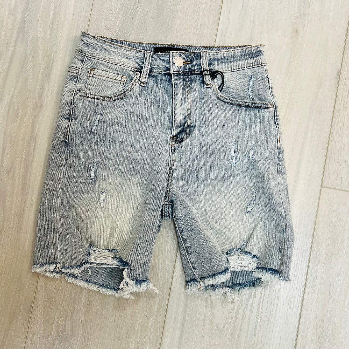 Risen High Rise Light Wash Midi Shorts