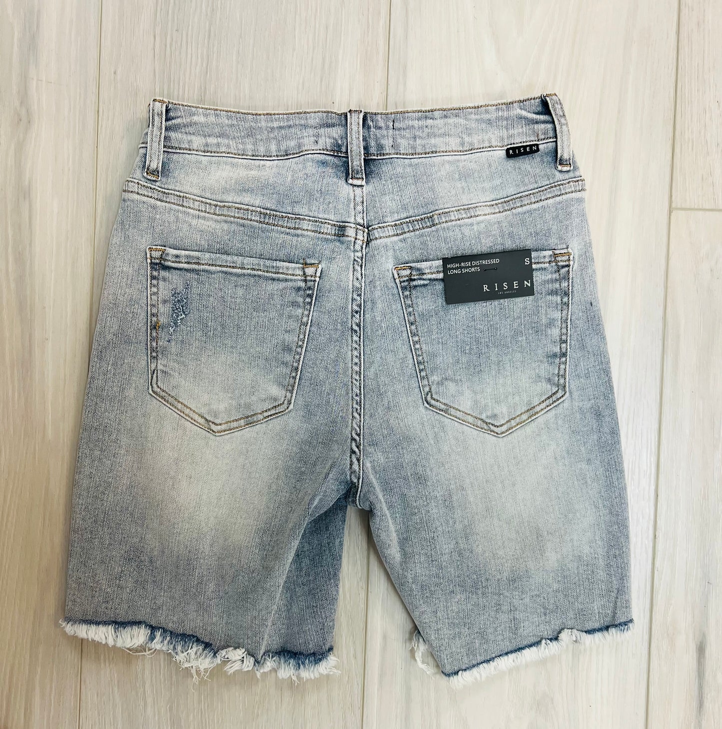 Risen High Rise Light Wash Midi Shorts