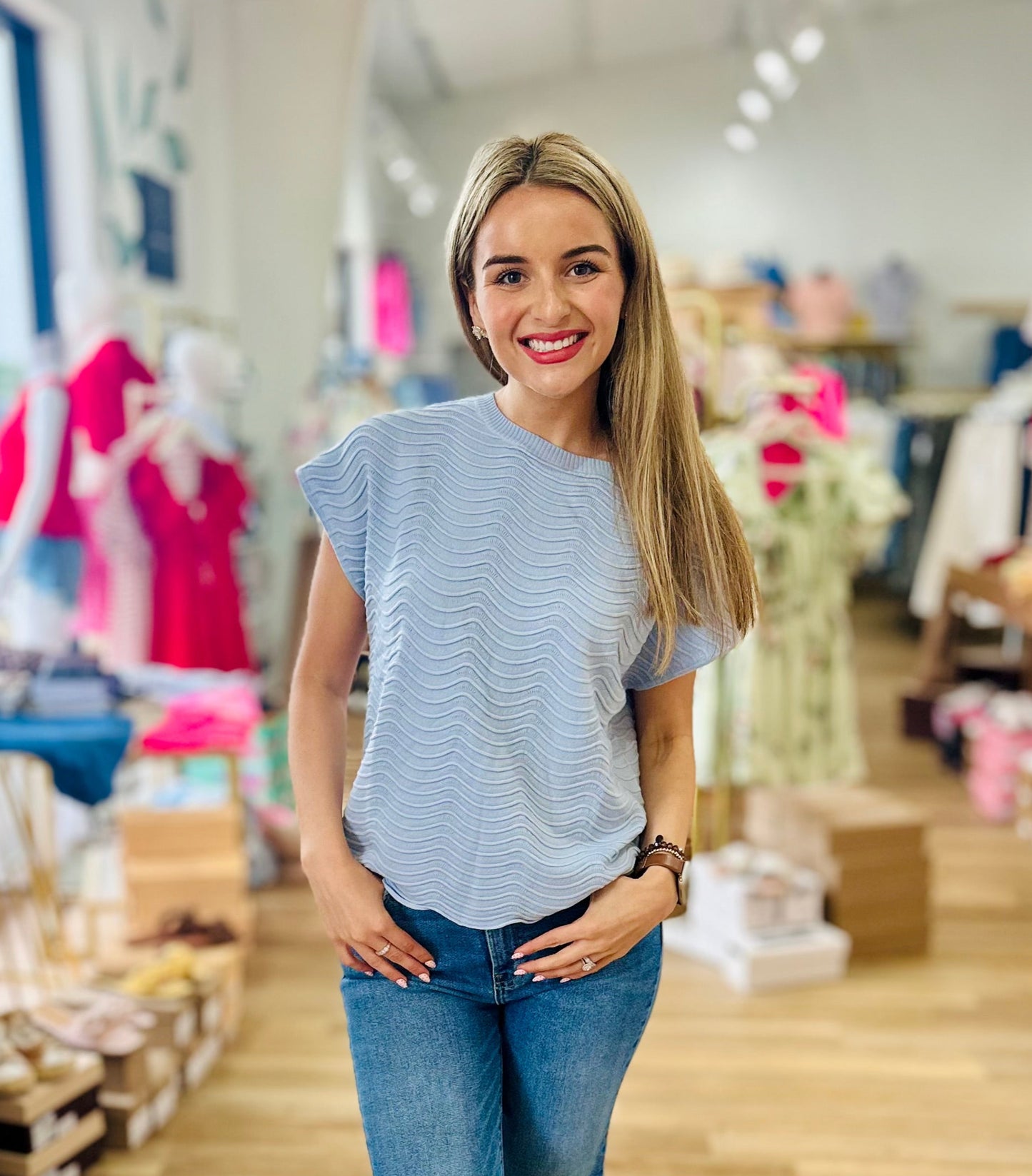 Soft Blue Scallop Pattern Relaxed Knit Top