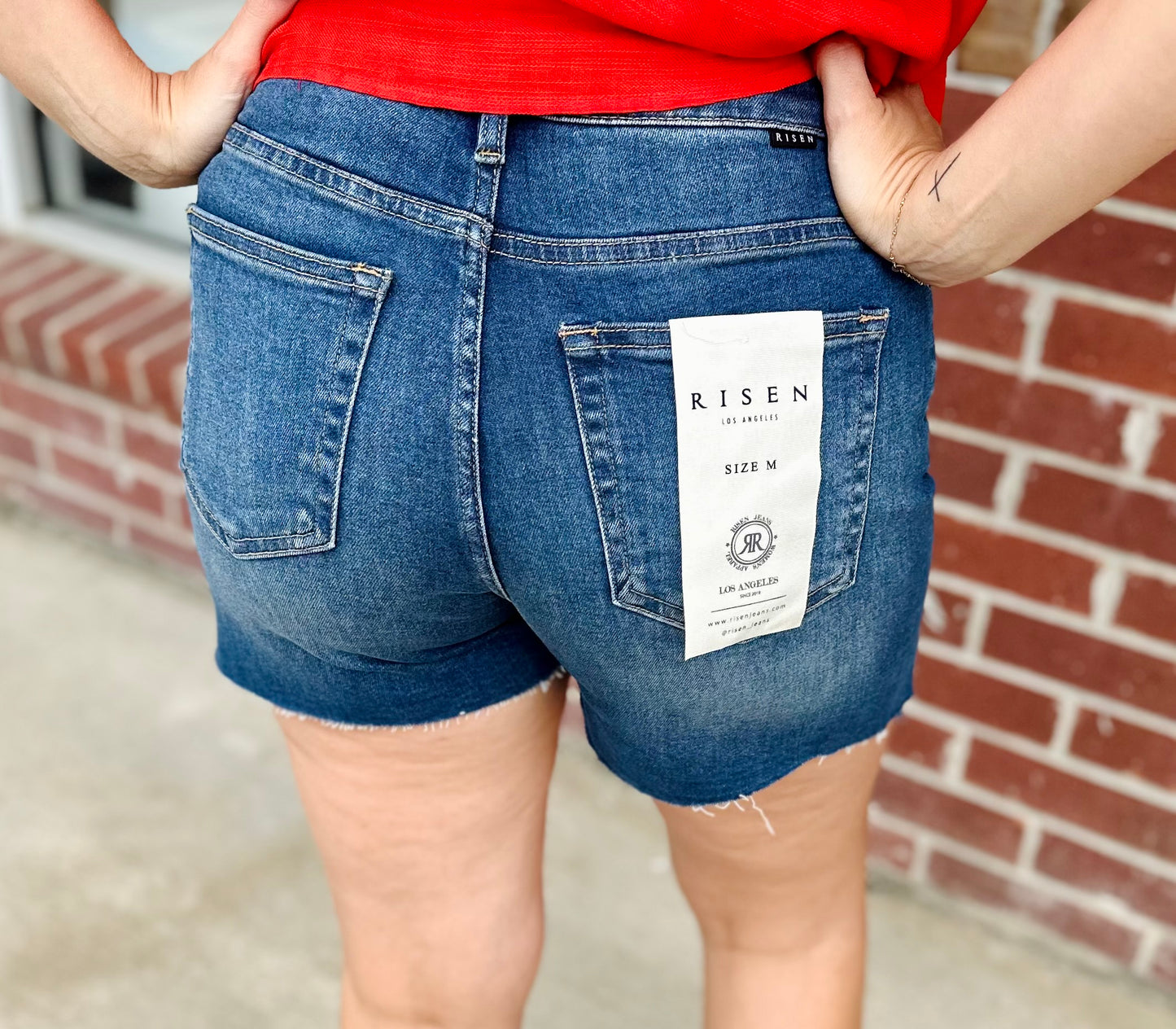 Risen High Rise Raw Hem Dark Wash Shorts
