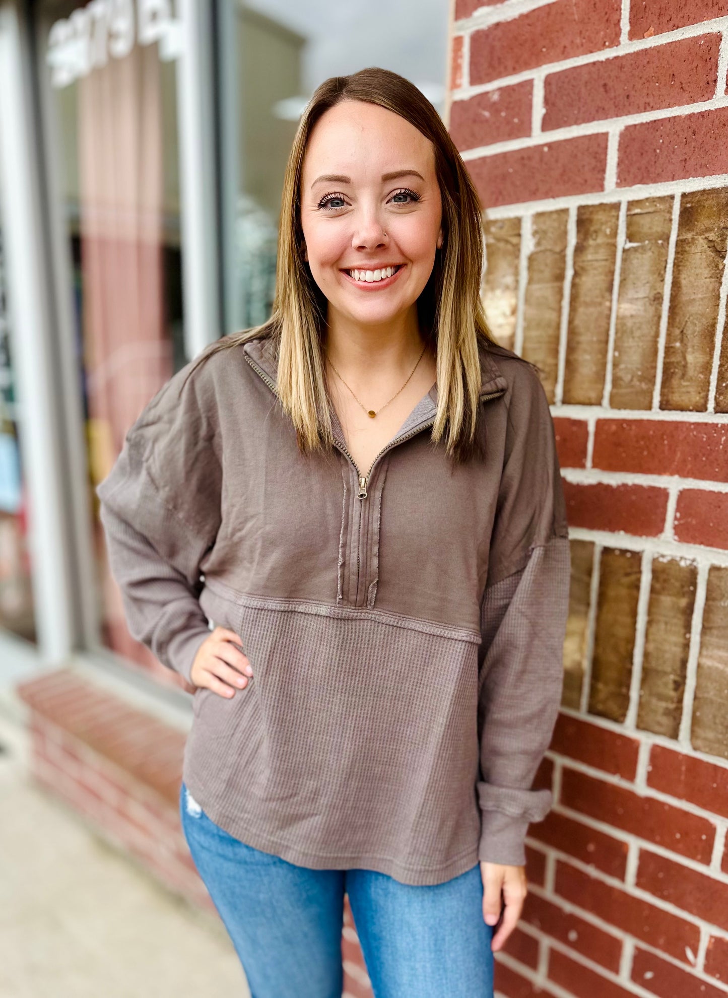 Waffle Knit Quarter Zip Pullover