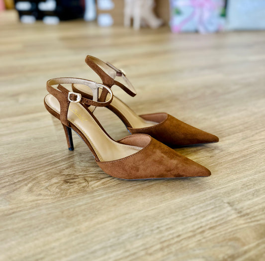 Cognac Suede Pointed to Ankle Strap Stiletto