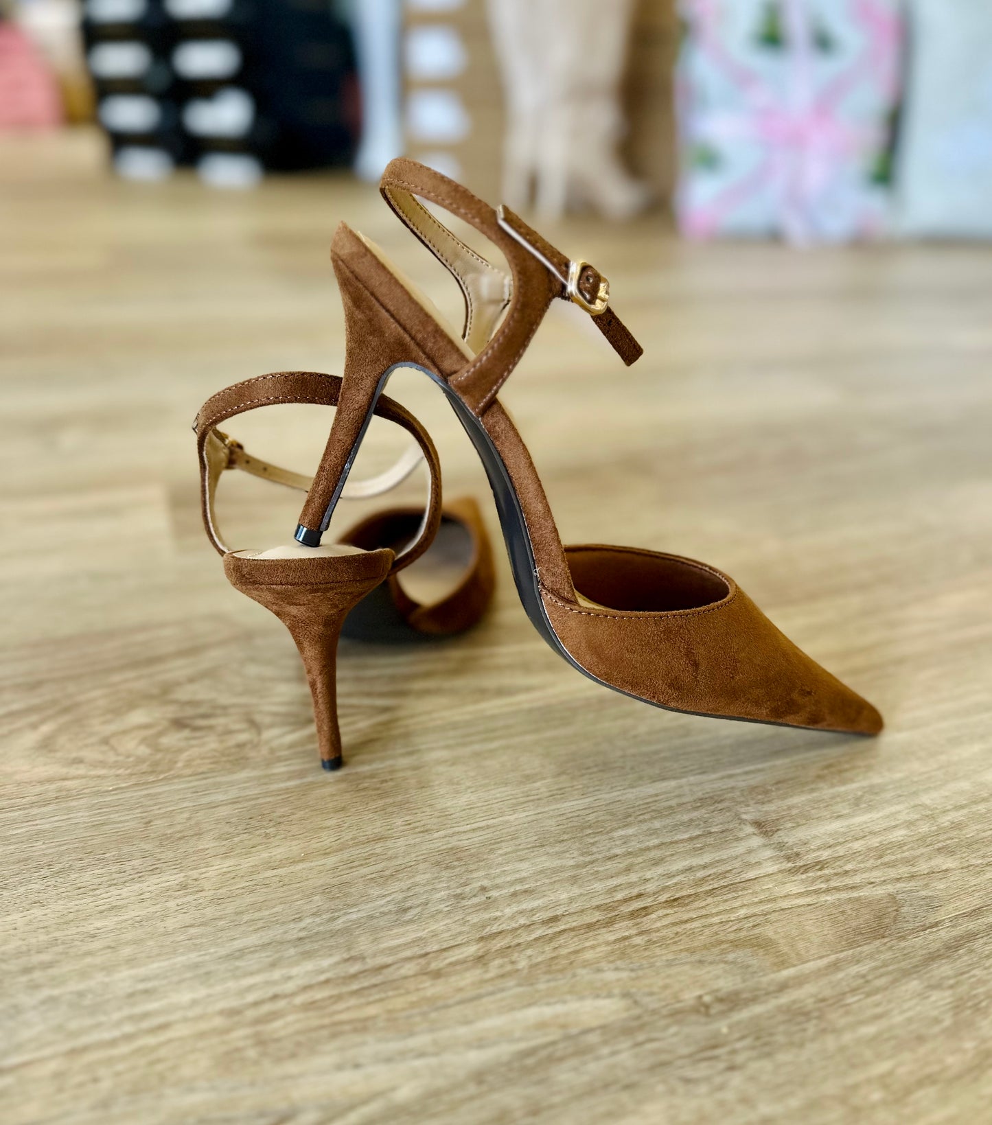 Cognac Suede Pointed to Ankle Strap Stiletto