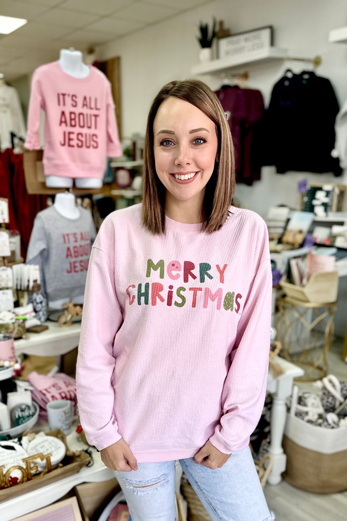 Merry Christmas Pink Corded Sweatshirt