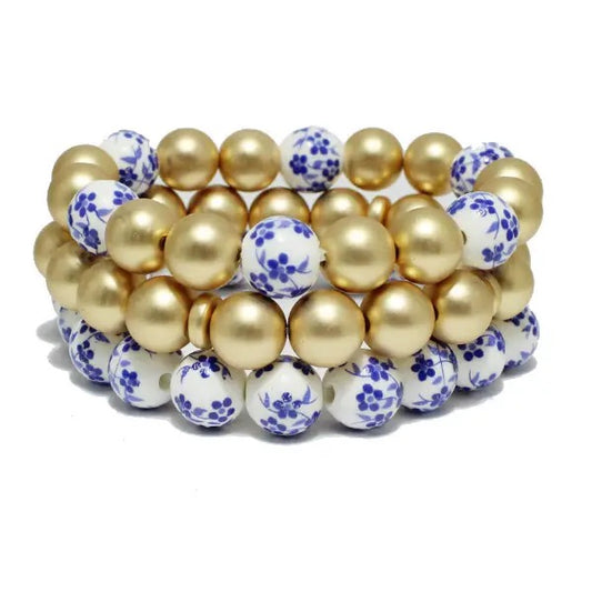 3 Layer Porcelain Blue Floral Ceramic Bead Bracelet