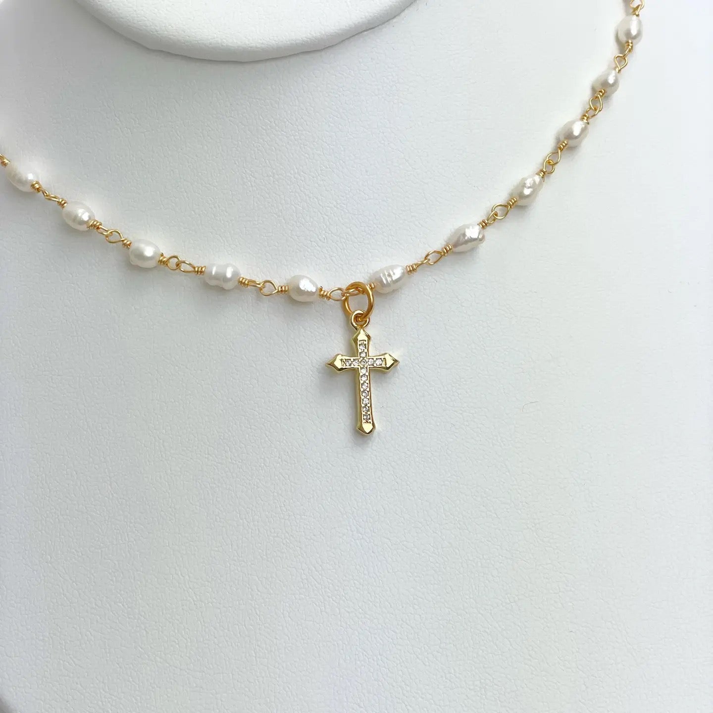 Pearl Chain Cross Pendant Necklace