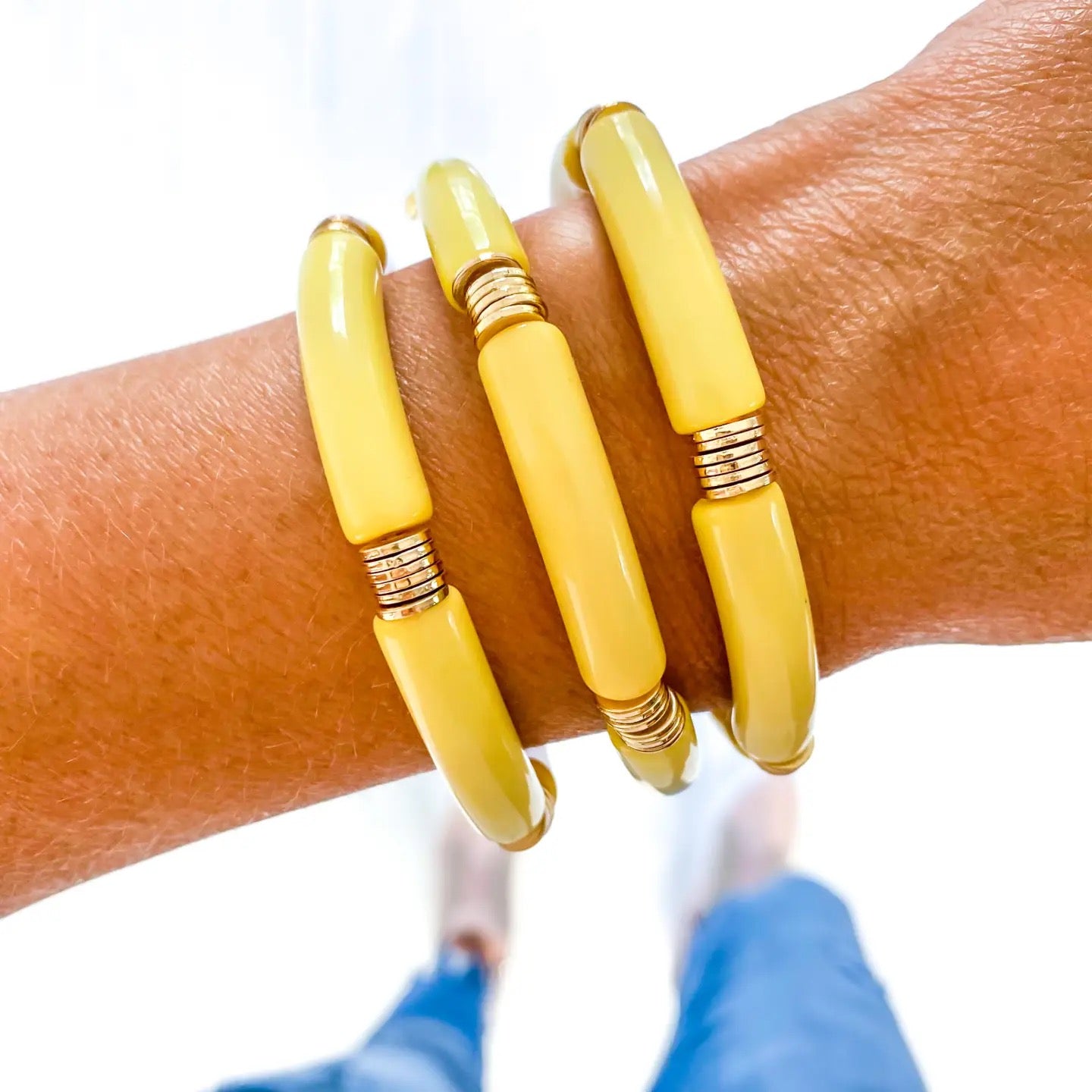 Yellow Tube w/ Gold Disc Stretch Bracelet