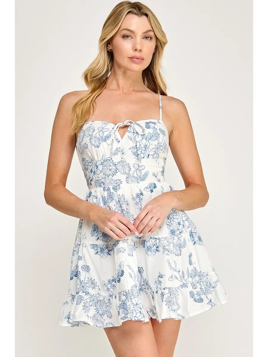 Blue Floral Print Tiered Mini Dress