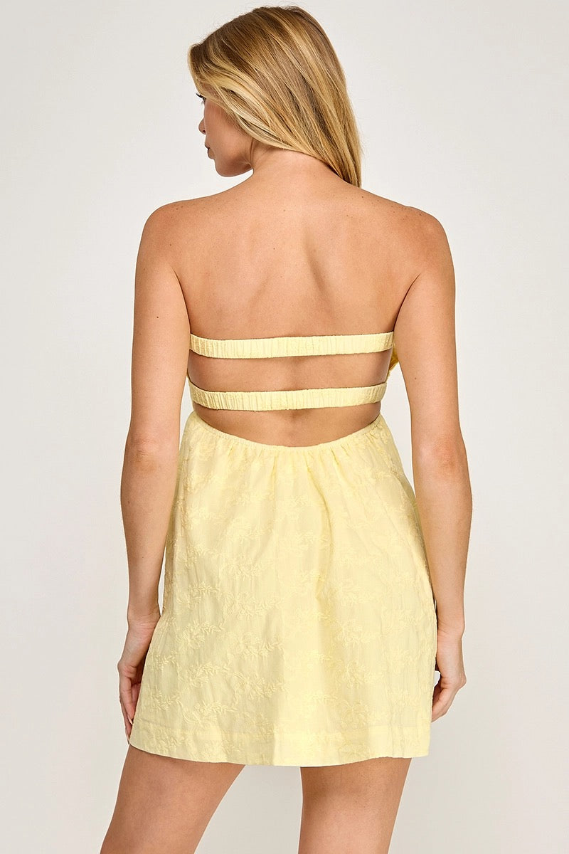 Yellow Strapless Twisted Front Embroidered Mini Dress