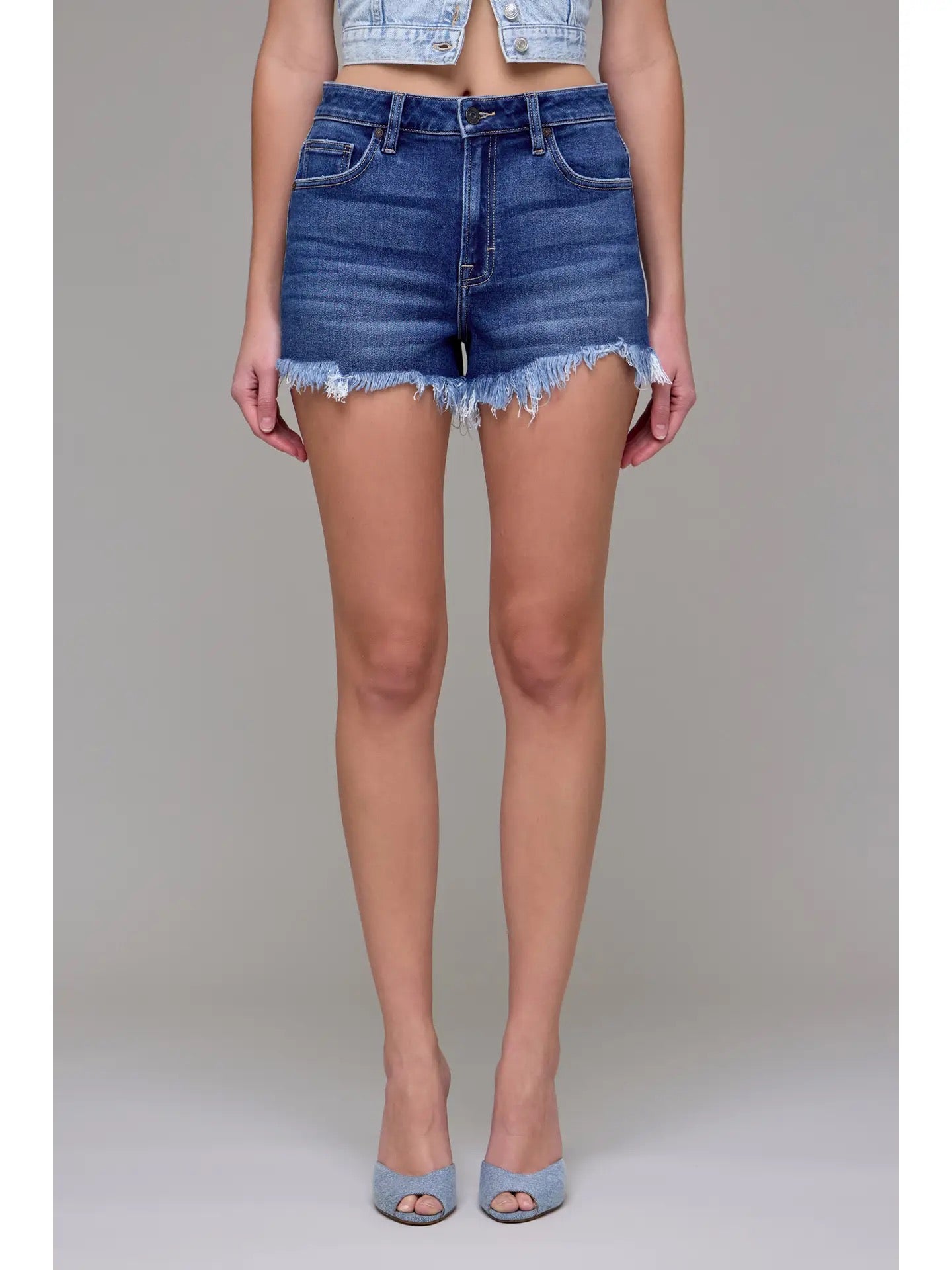 Hidden Dark Wash Frayed Denim Shorts