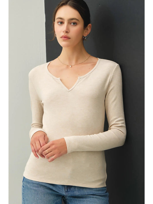 Oatmeal Notched Neckline Basic Long sleeve Tee