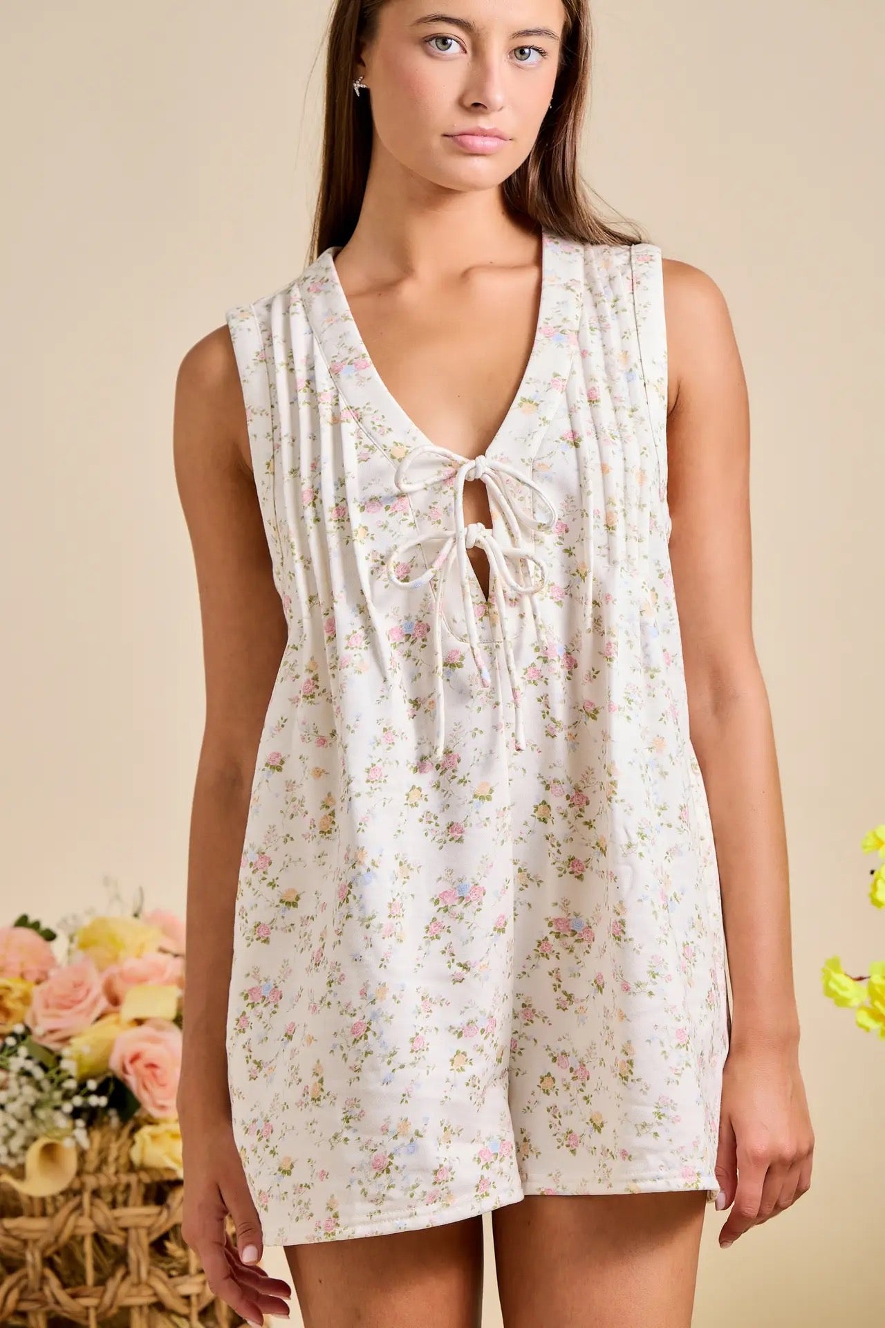 Ivory Floral Tie Front Sleeveless Romper