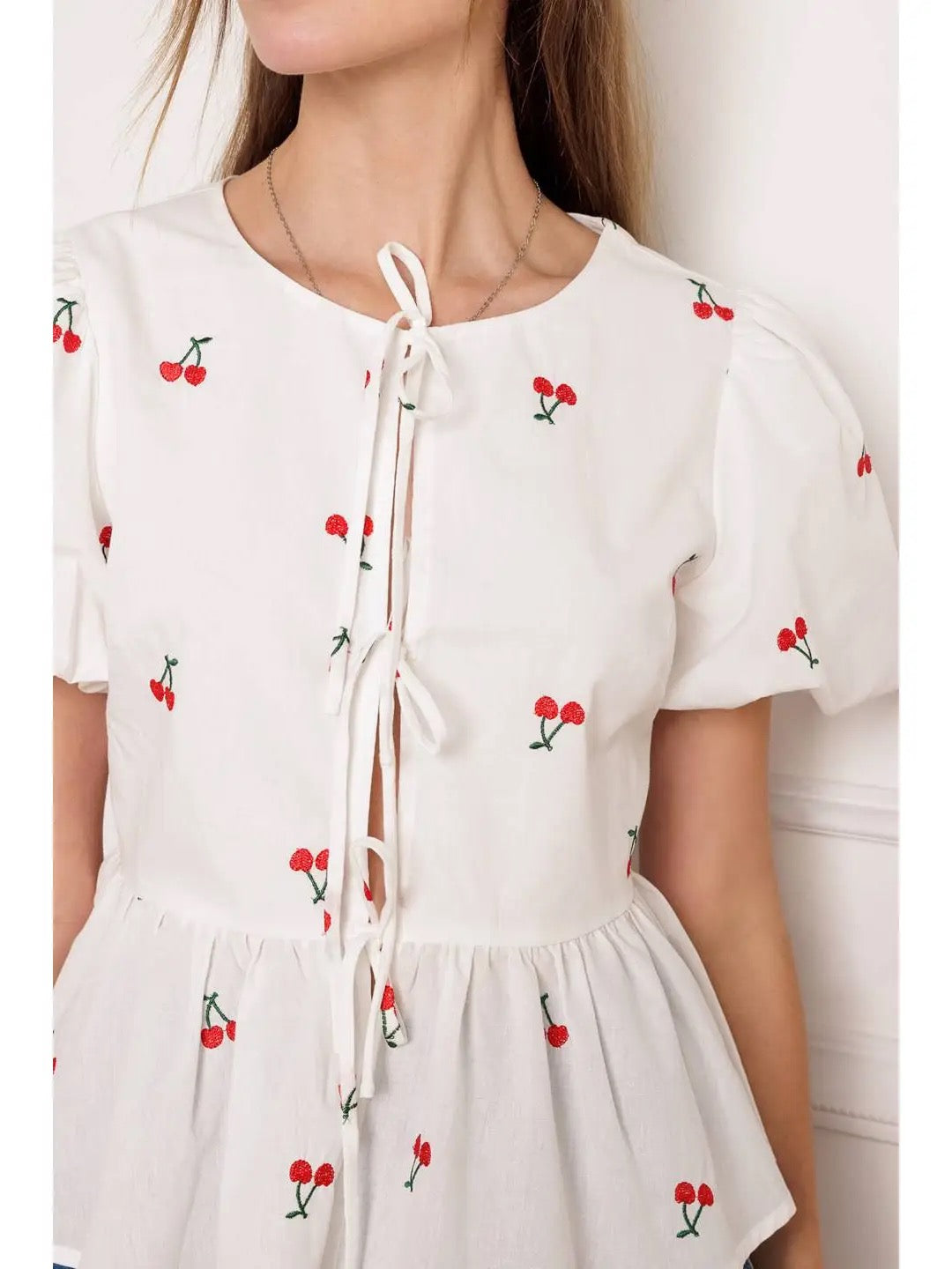 Cherry Embroidered Woven Top