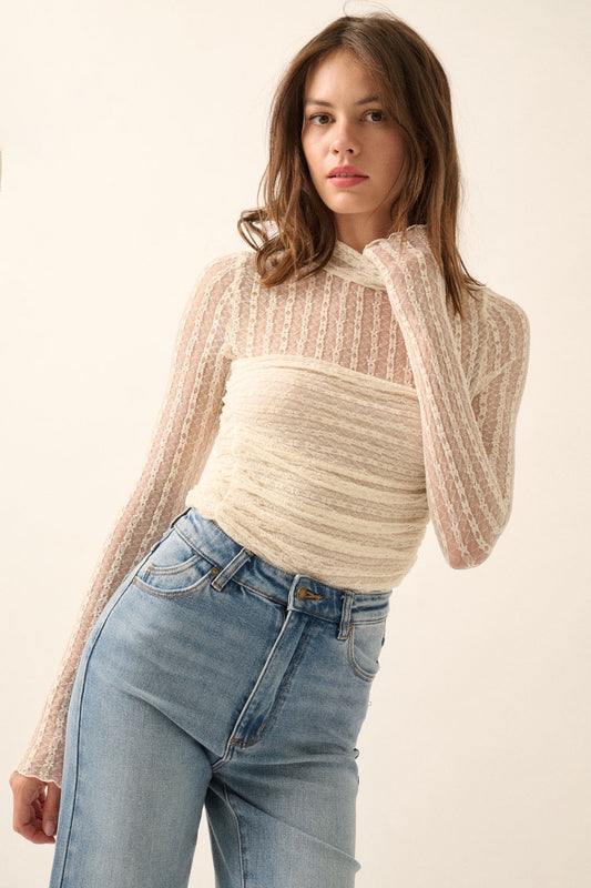 Cream Floral Lace Mock Neck Ruched Bodysuit