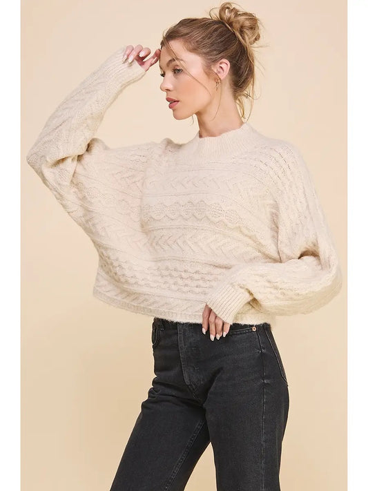 Cream Long Sleeve Cable Knit Crop Sweater