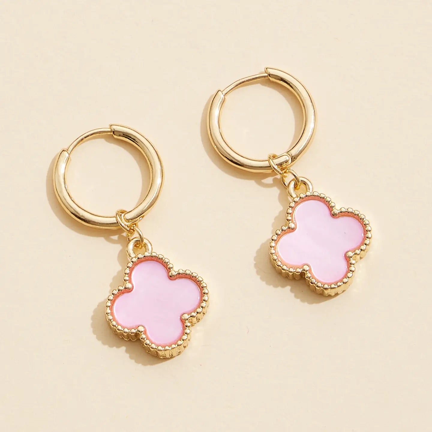 Hoop Earrings | Pink Clover-Shaped Shell Charms