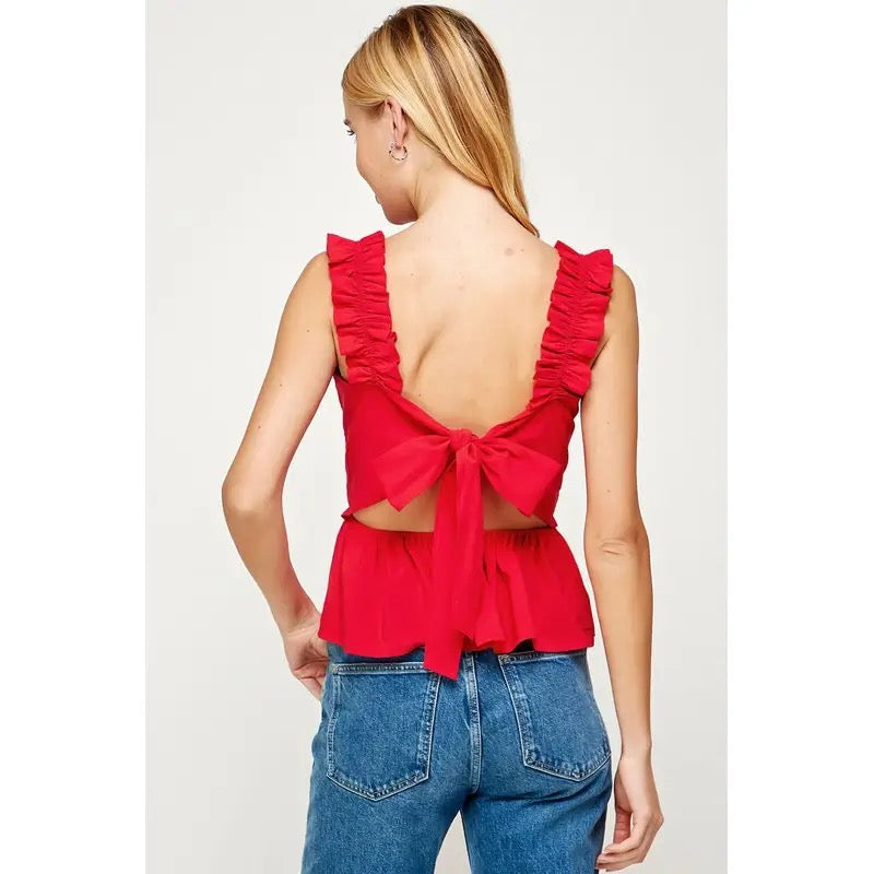 Red Poplin Tie Back Top