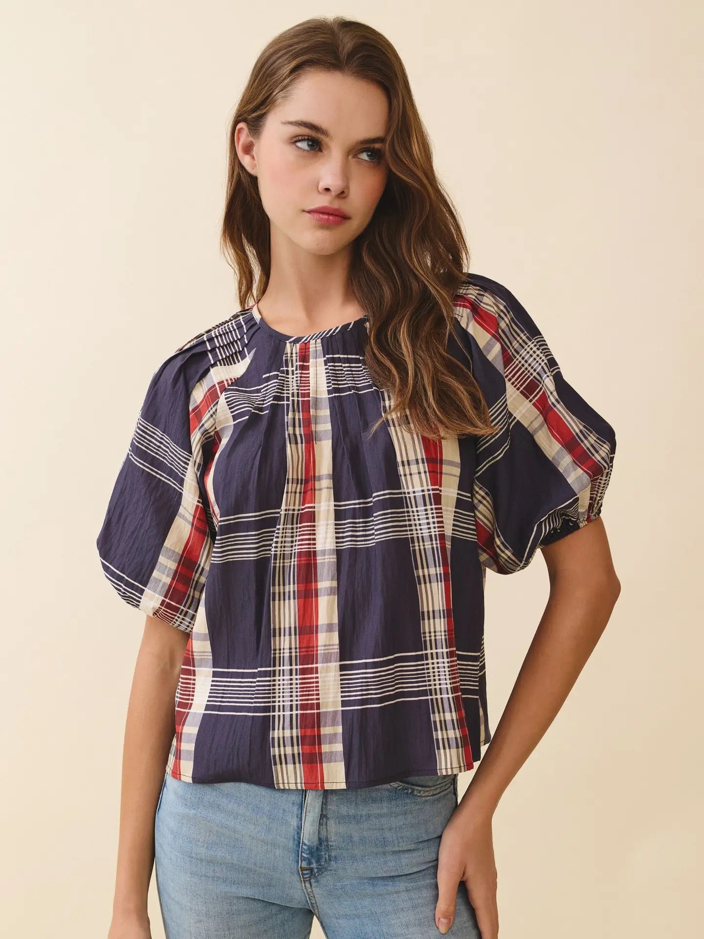 Navy Plaid Round Neck Blouse