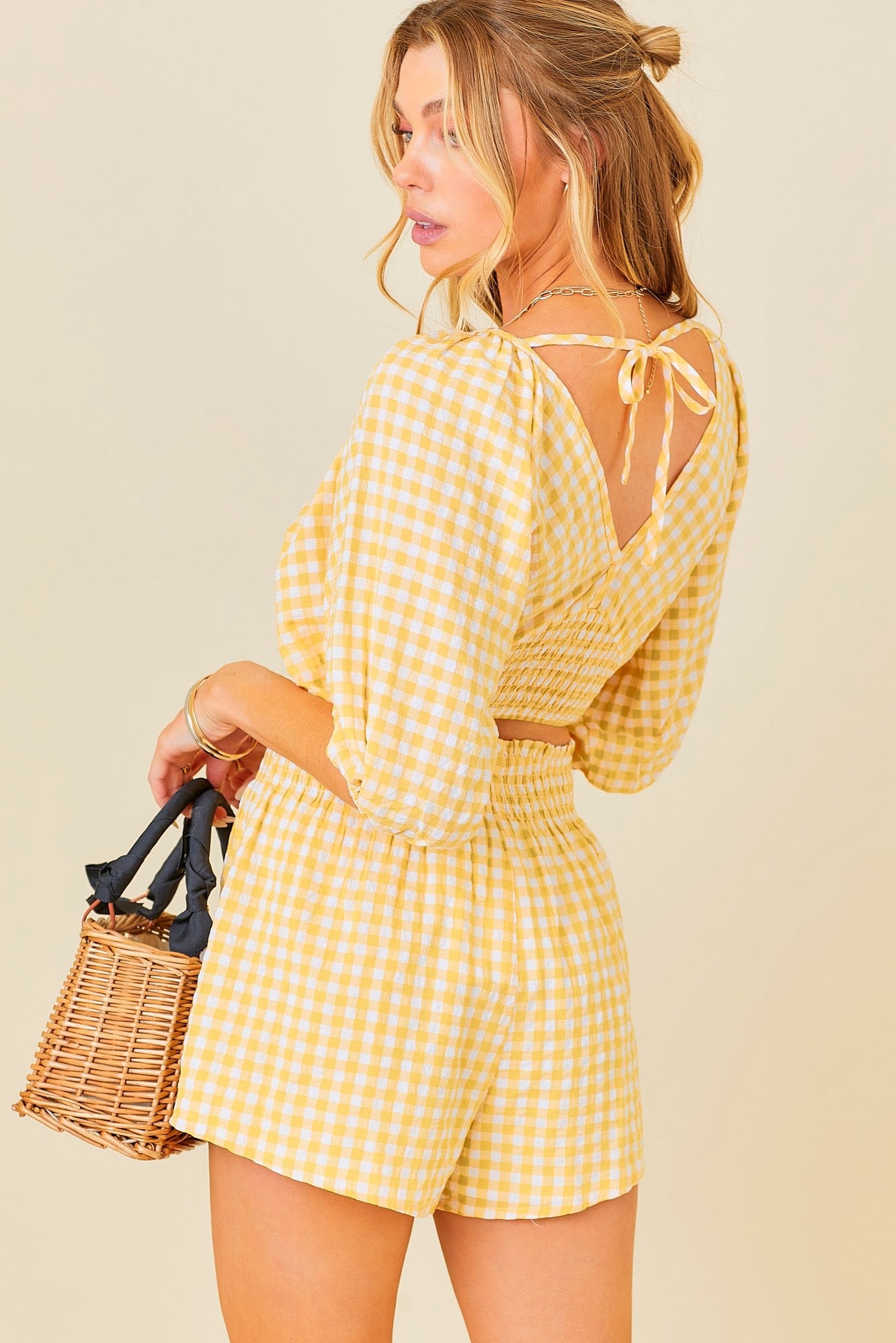 Yellow Gingham Smocked Tie Top With Shorts Set