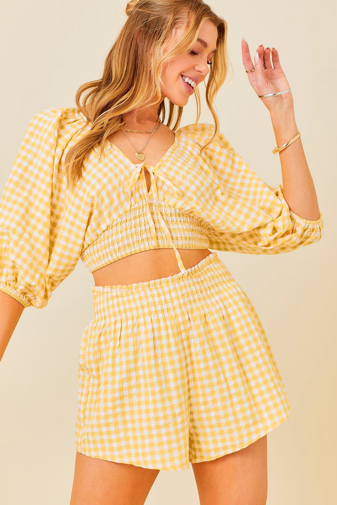 Yellow Gingham Smocked Tie Top With Shorts Set