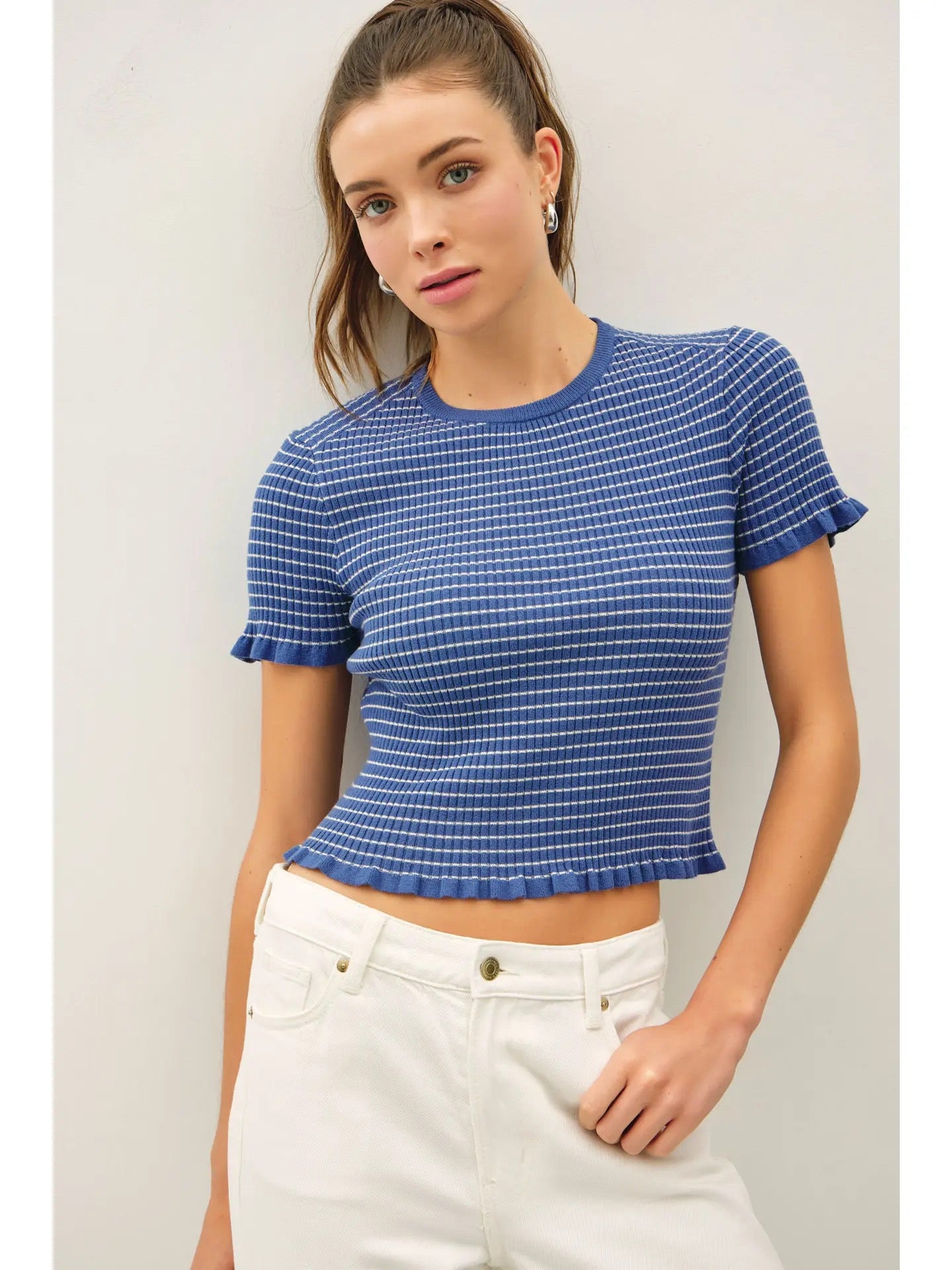 Blue Striped Ruffle Top