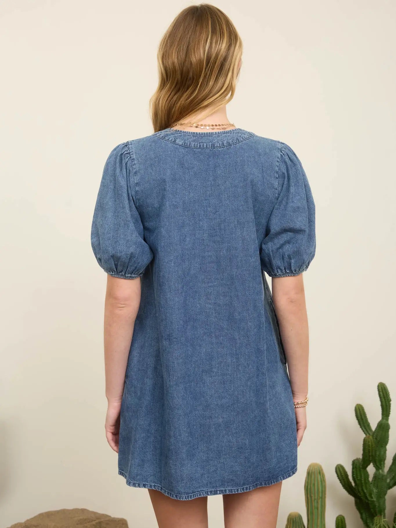 Denim Pleated Front Tie Puff Sleeve Mini Dress