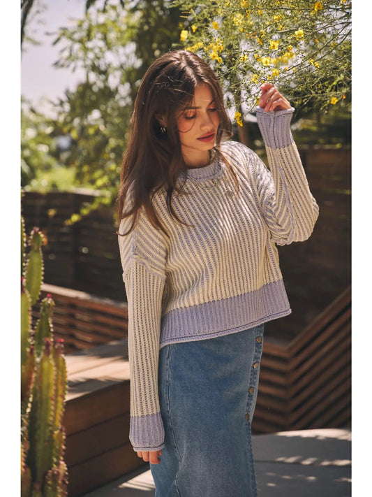 Dusty Blue Crochet Striped Oversized Sweater