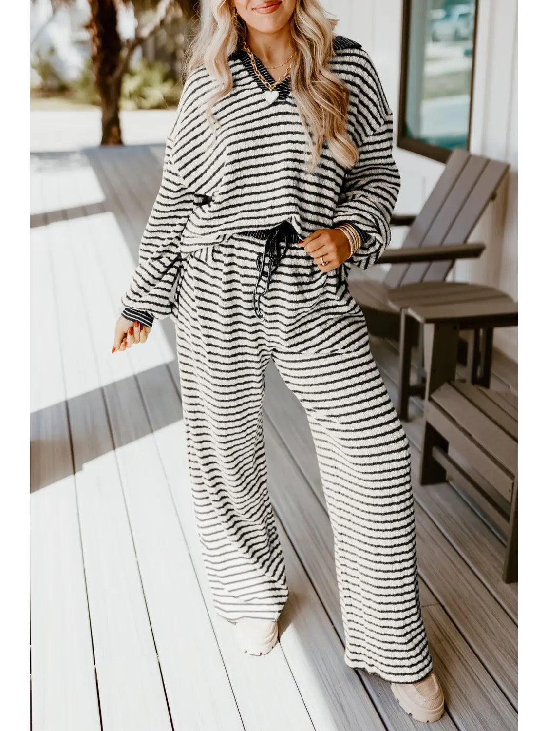Stripe Collared Longsleeve Lounge Set