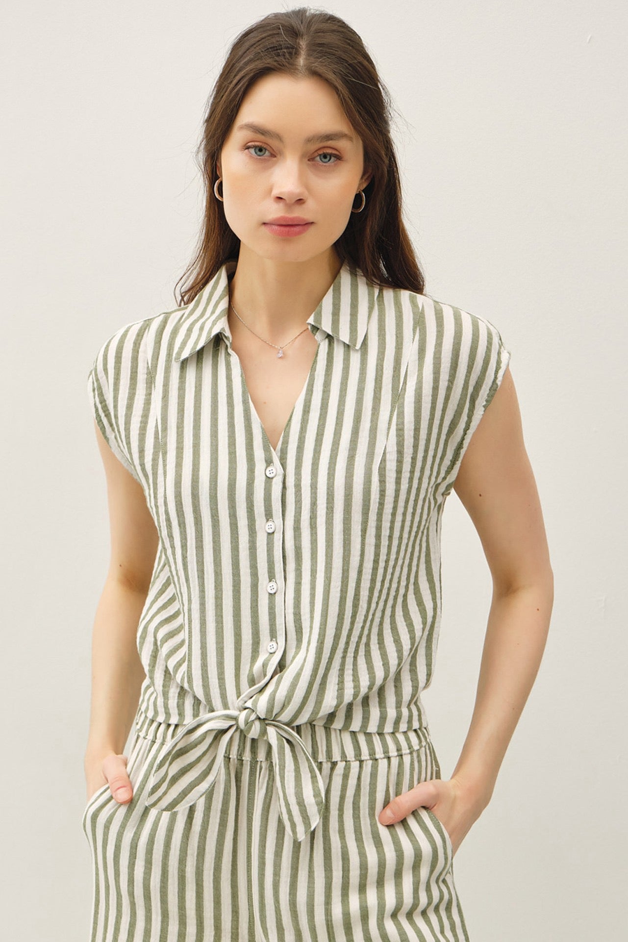 Striped Cotton V-Neck Button Up With Tie Detail