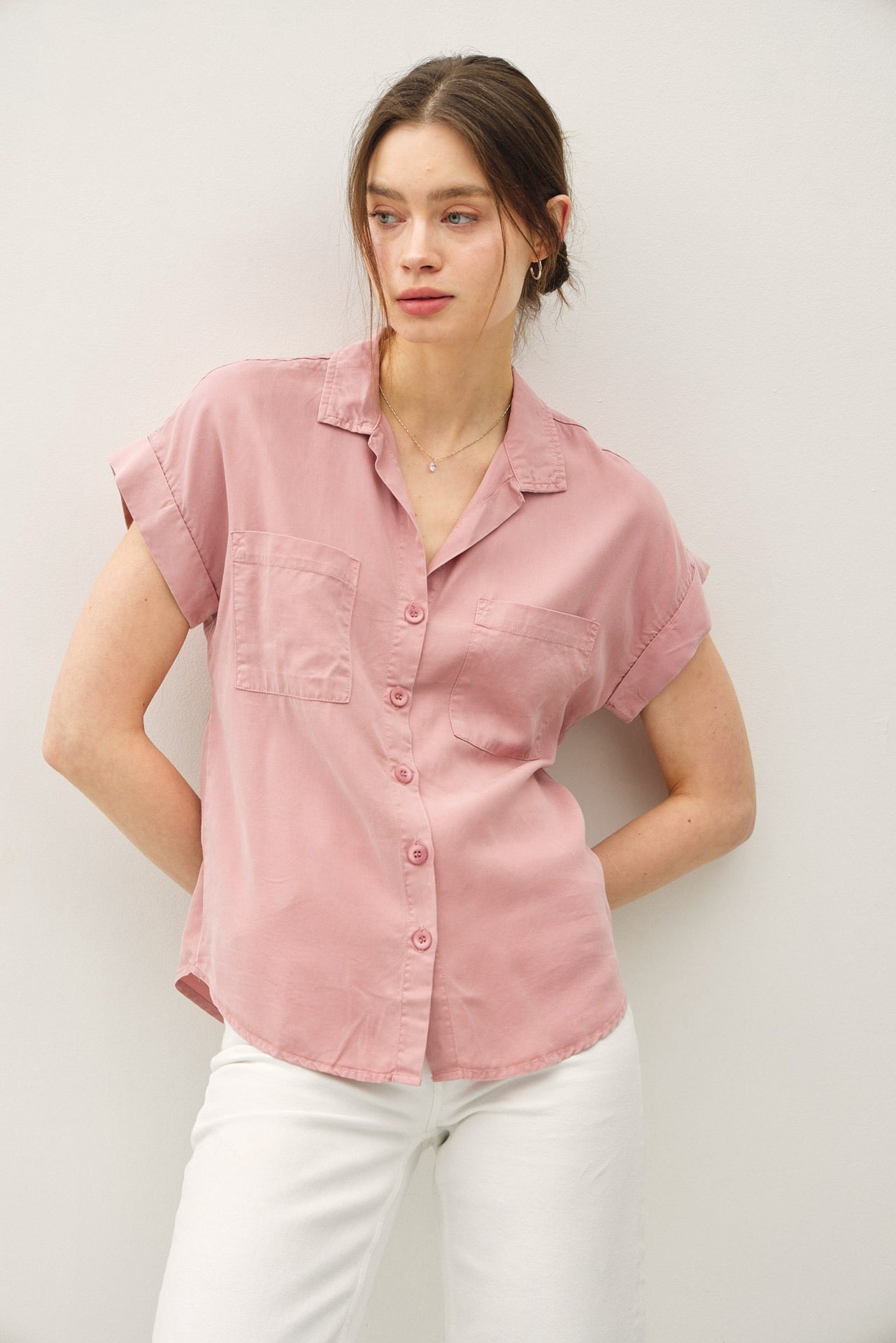 Button Up Cap Sleeve Shirt With Pocket