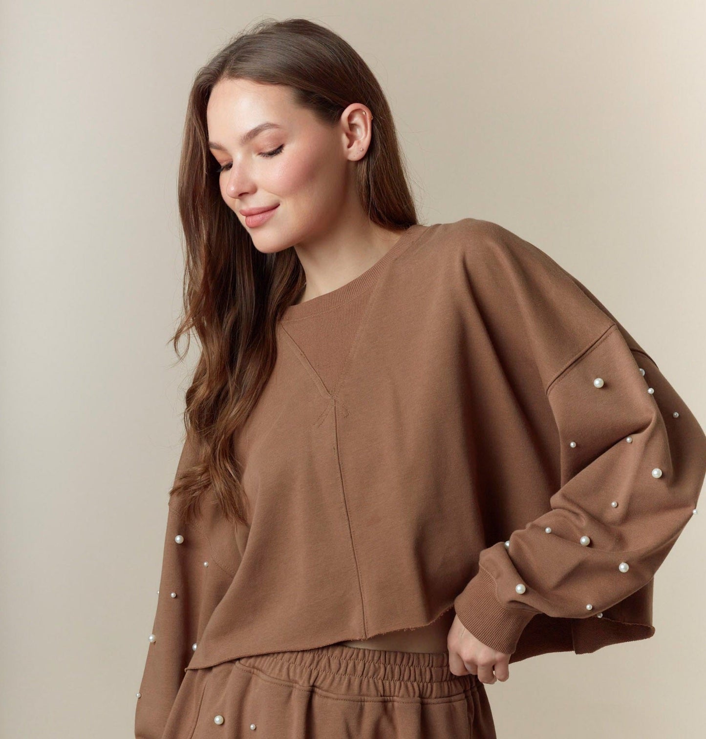 Mocha Pearl Embellished Cropped Terry Sweater
