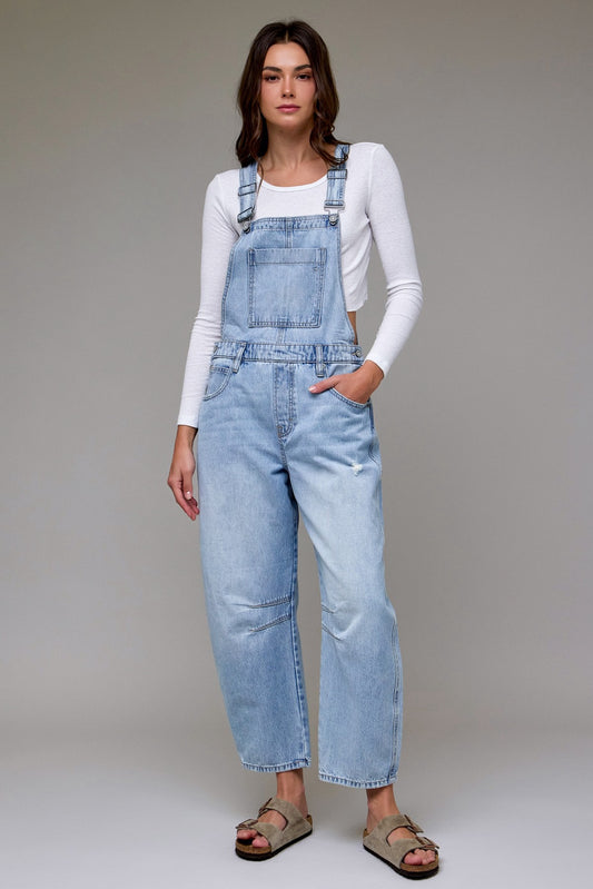 Hidden Light Wash Barrel Cropped Overall