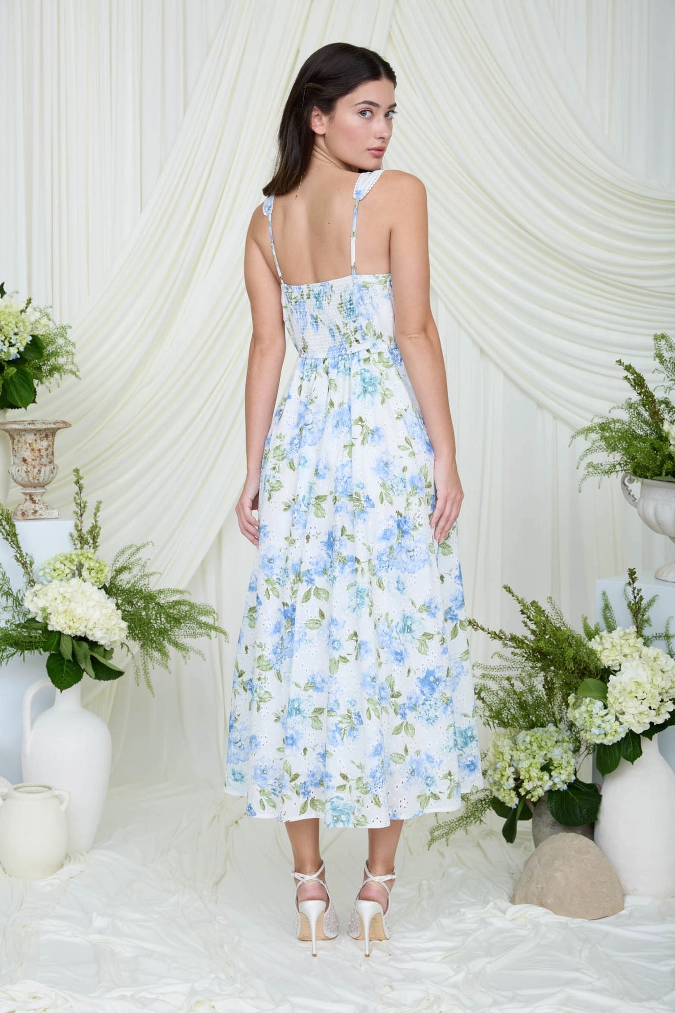 Blue Floral Eyelet Lace Trim Midi Dress