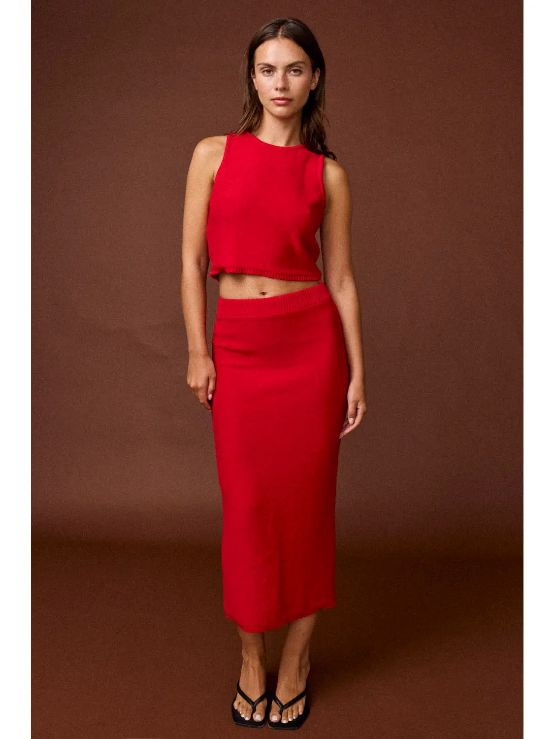 Red Sleeveless Crop Knit Top & Maxi Skirt Set