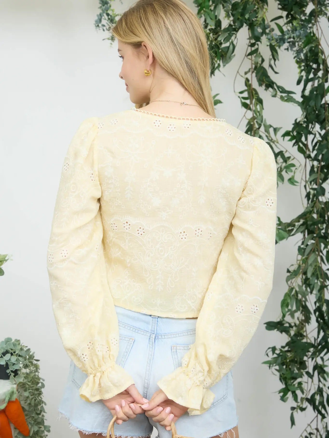 Yellow Embroidered Long Sleeve Tie Detail Top