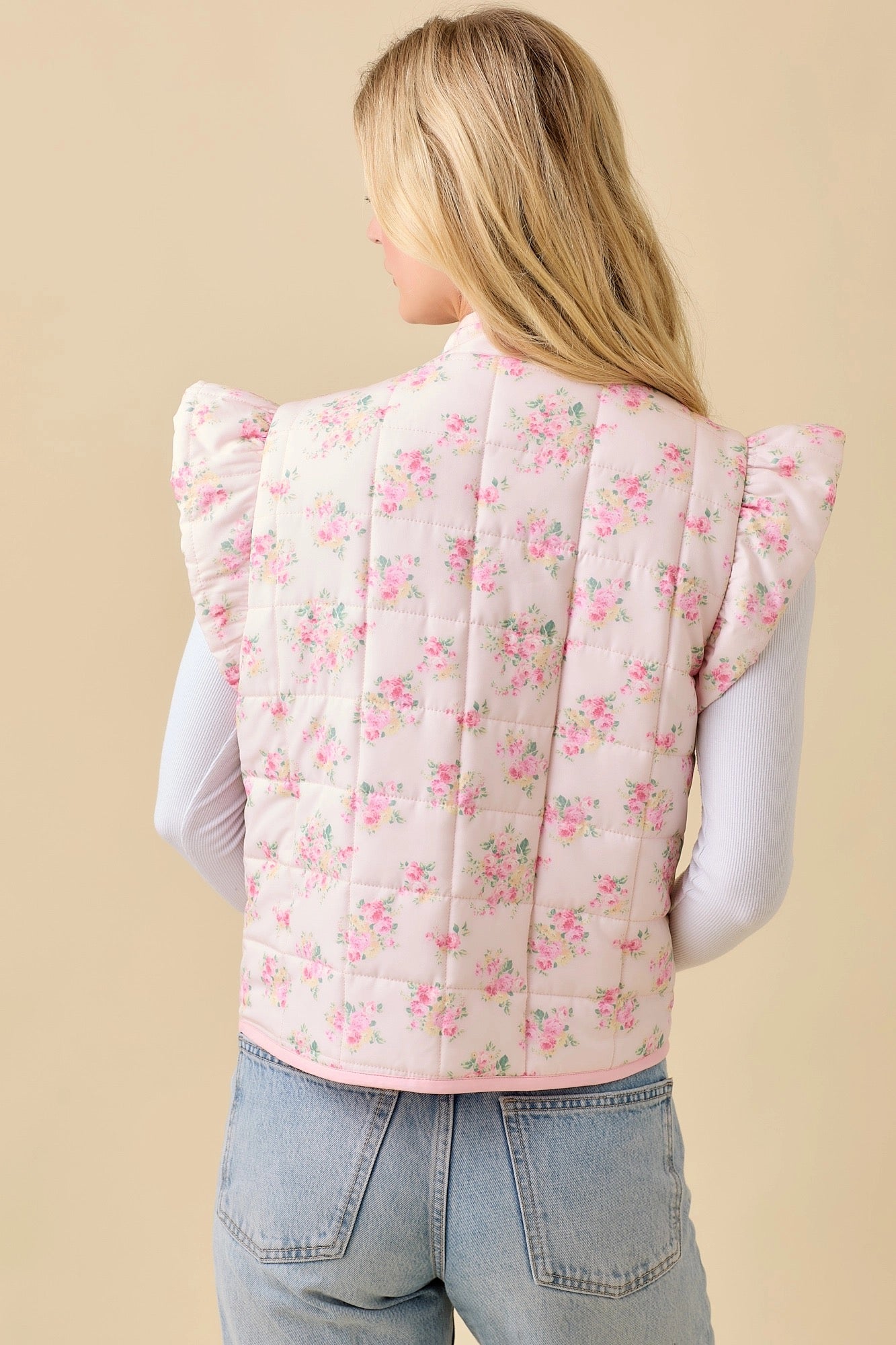 Pink Floral Ruffle Sleeve Puff Vest