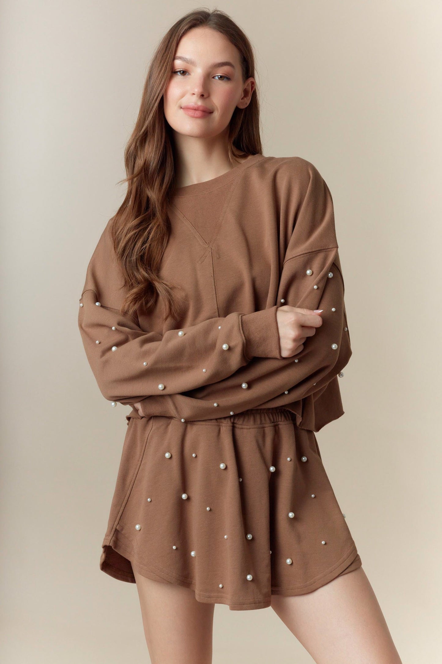 Mocha Pearl Embellished Cropped Terry Sweater
