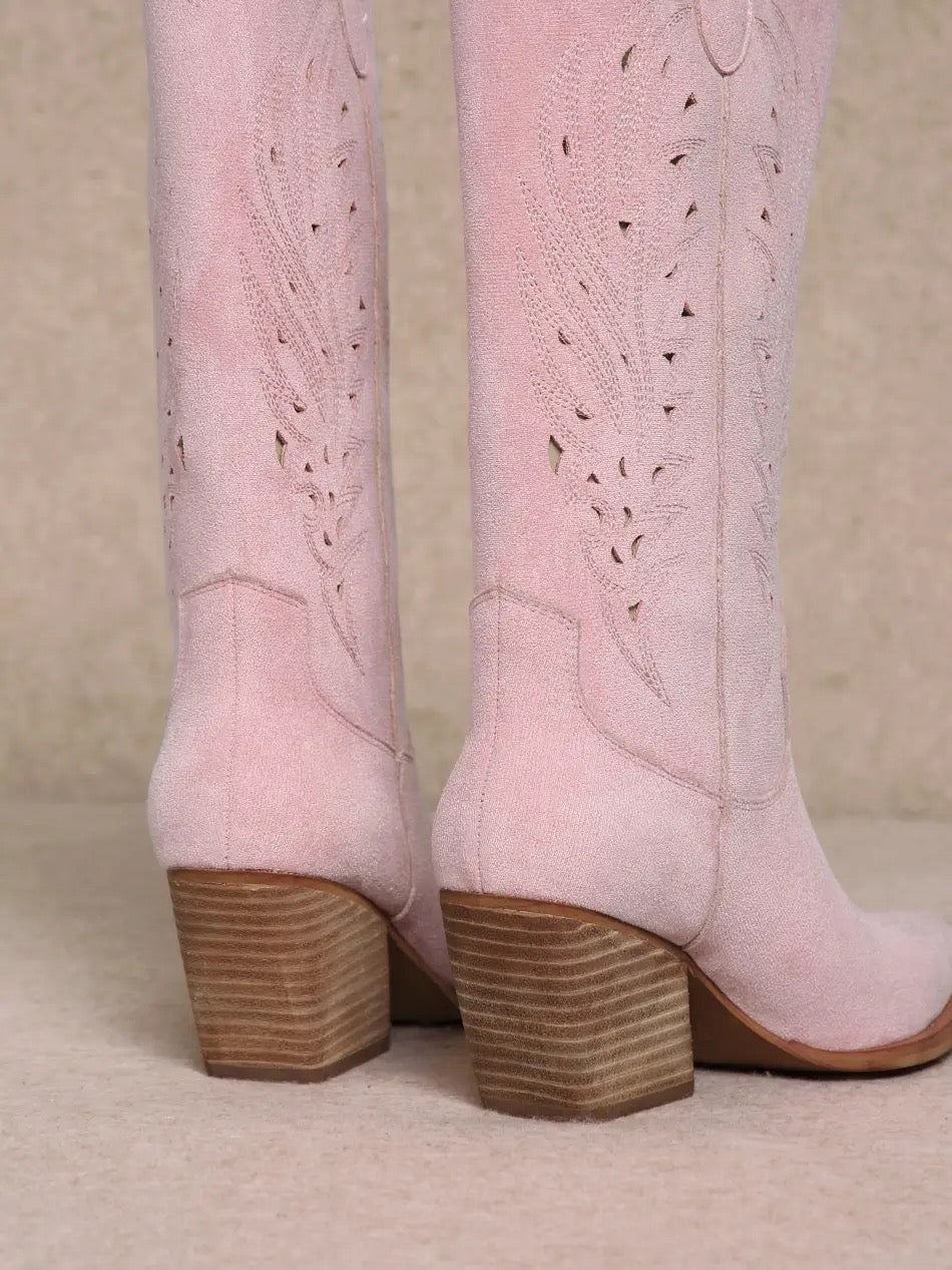 Pink Cutout Embroidery Western Boot