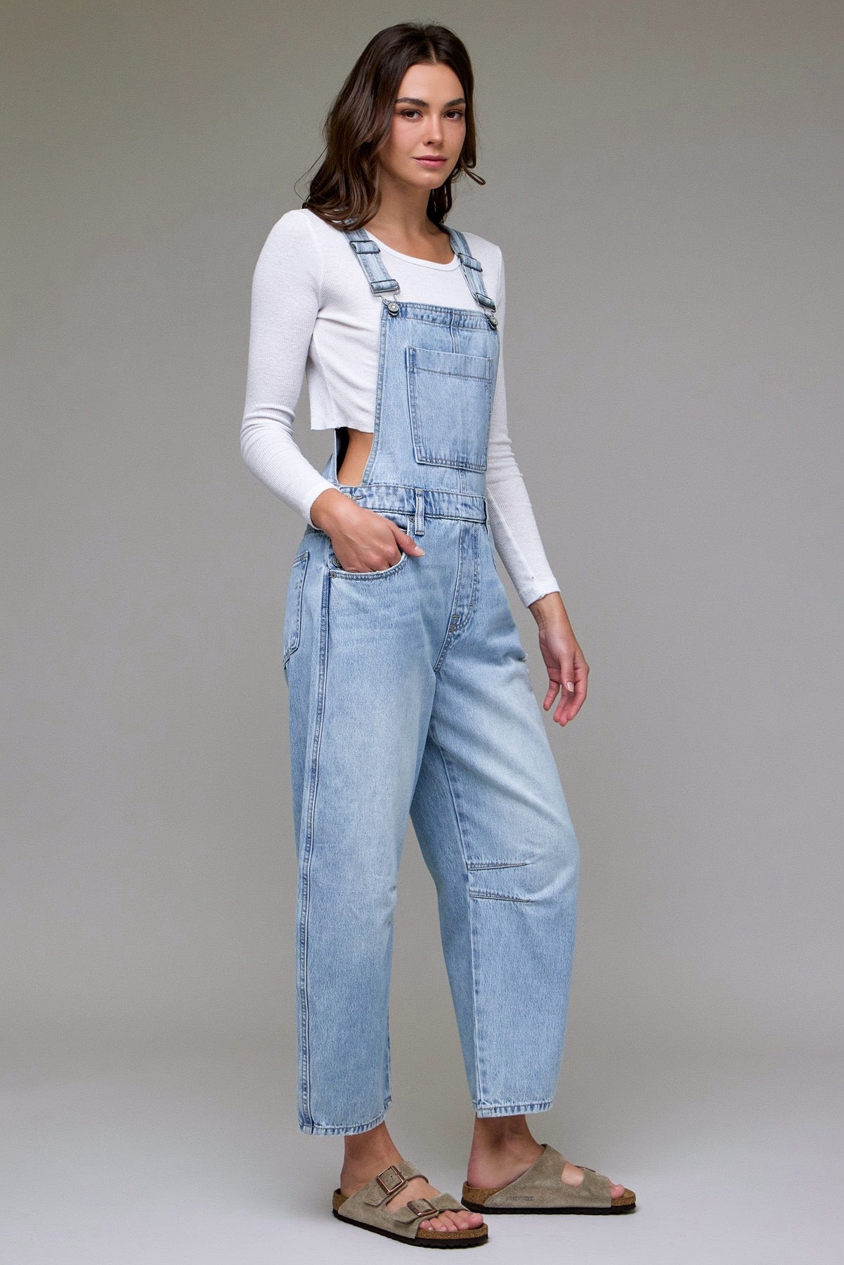 Hidden Light Wash Barrel Cropped Overall