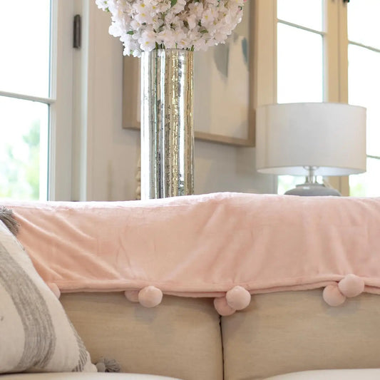 Light Pink Pom Throw Blanket