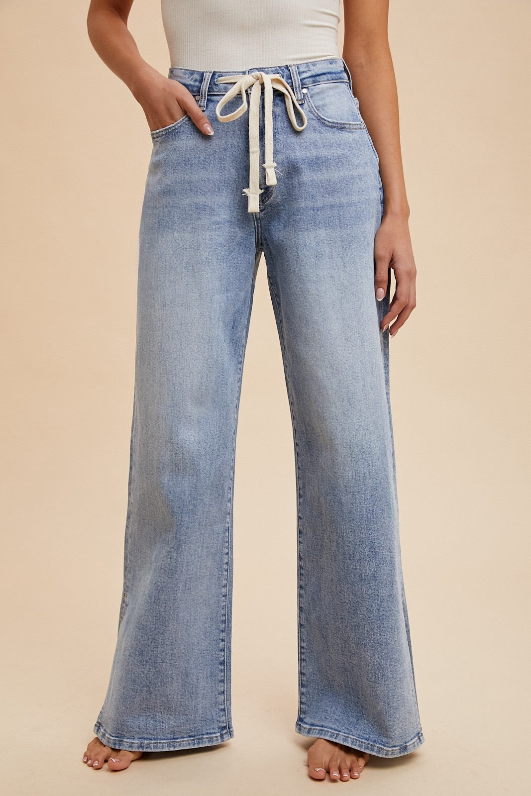 Waist Strap Detail Side Slit Wide Leg Jean