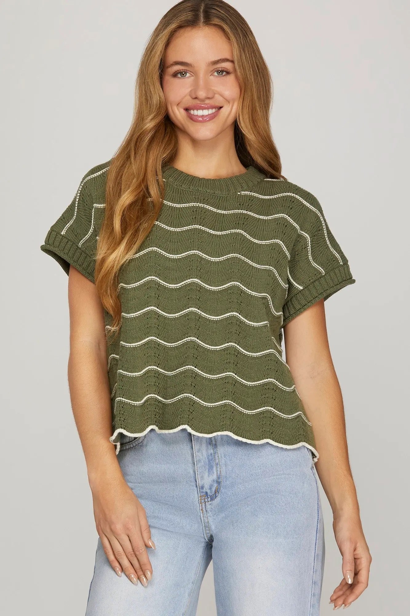 Drop Short Sleeve Scalloped Striped Knit Sweater