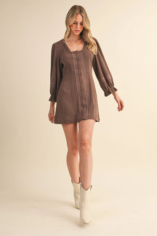 Lace Trim Button Down Sweater Dress