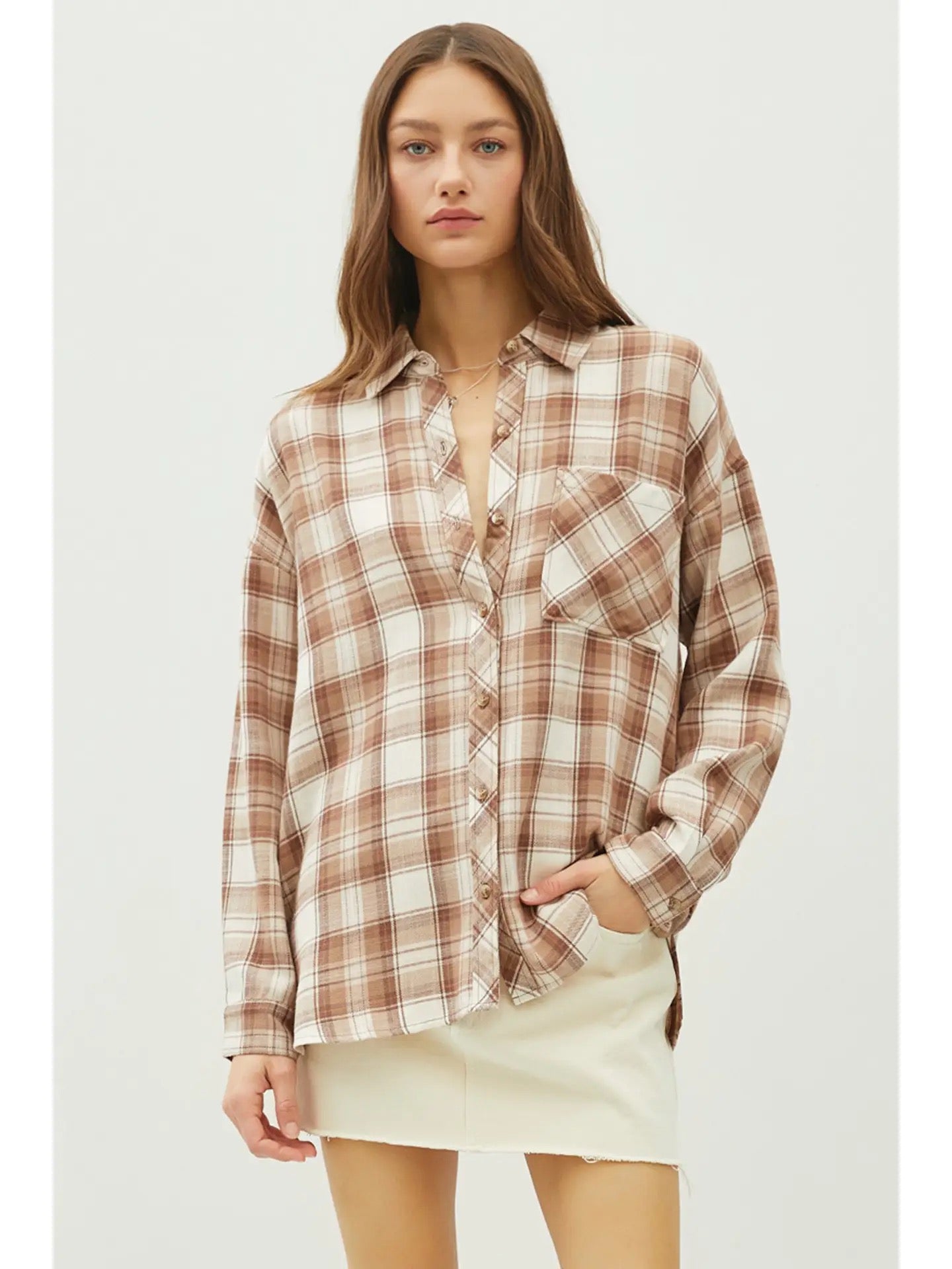 Mocha Oversized Flannel with Front Pocket