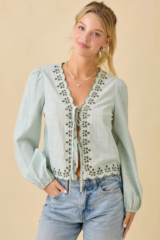 Sage Long Sleeve Scallop Embroidered Top with Front Ties