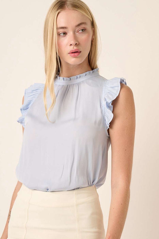 Blue Satin Ruffle Sleeve Blouse