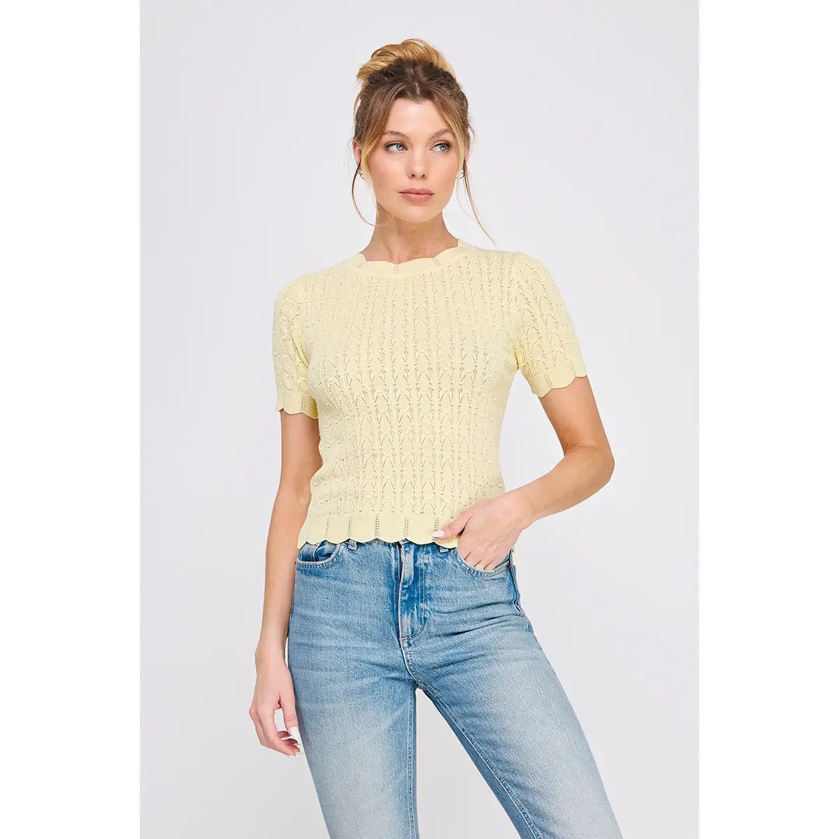 Pointelle Knit Top with Scalloped Hem