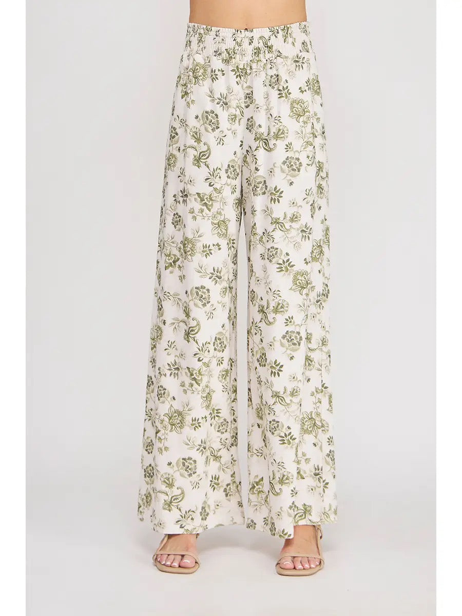 Printed Smocked Waist Wide Leg Pant