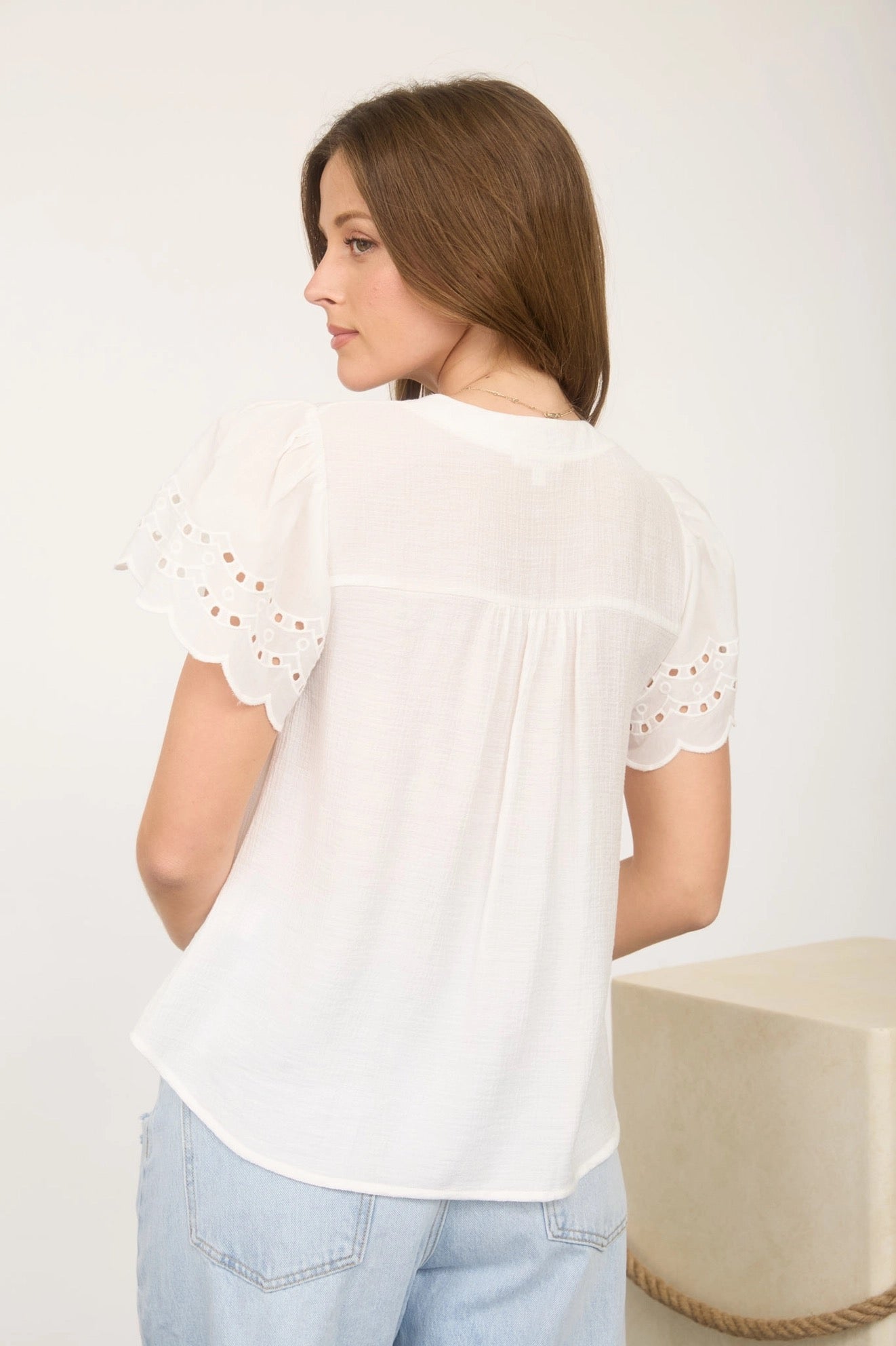 White Eyelet Detail Scallop Sleeve Button Down Top